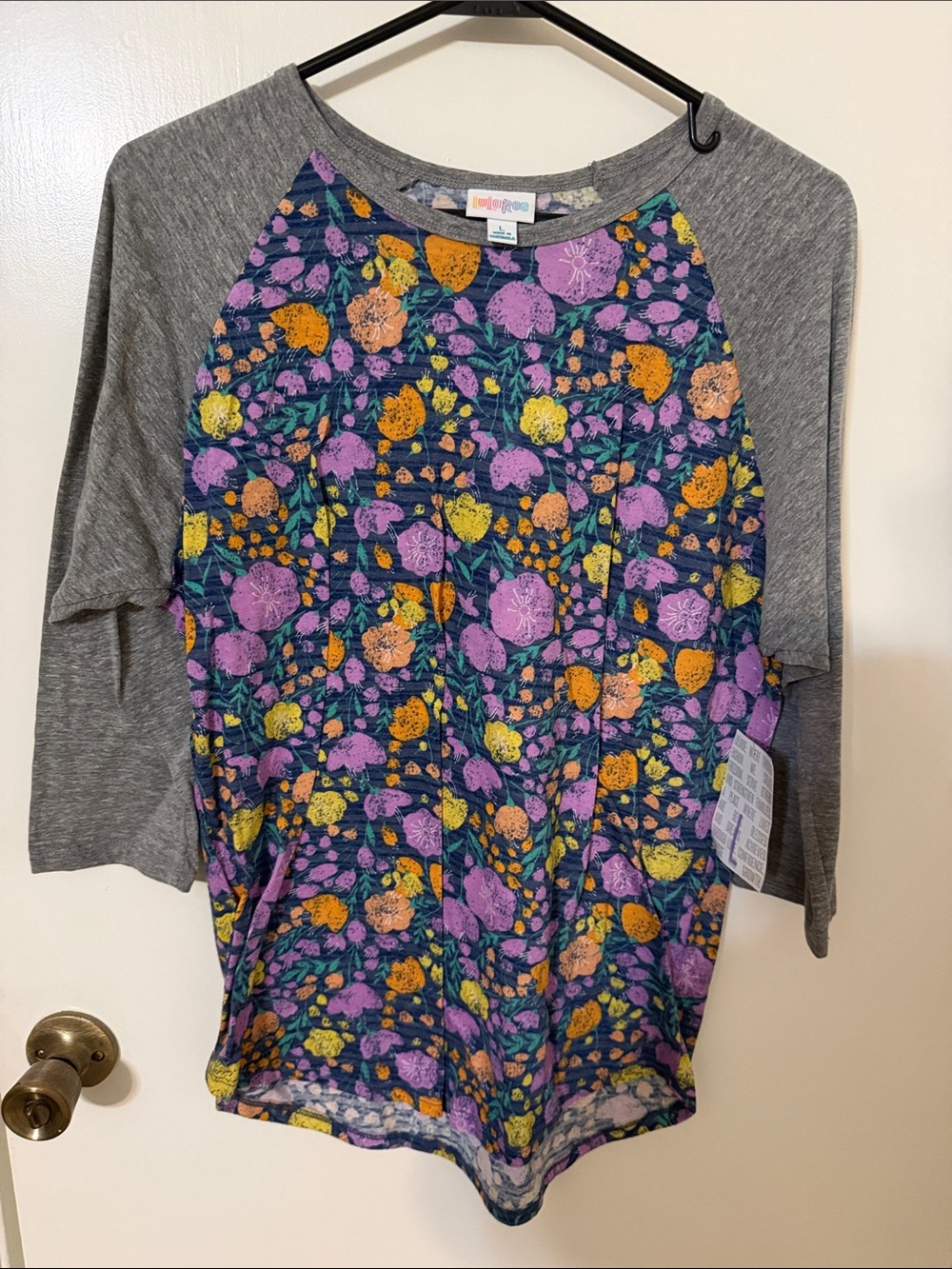 LuLaRoe Gray Sleeve Floral Raglan Top - Purple Yellow Orange Multi